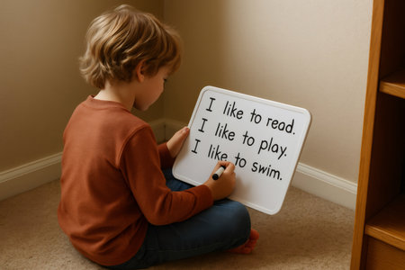 Preschool child sitting on the floor, writing on a small whiteboard about favorite activities, happily expressing interests and hobbiesの素材