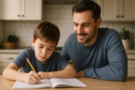 Father smiling while watching his son diligently working on homework at the kitchen table, fostering a loving and supportive learning environmentの素材