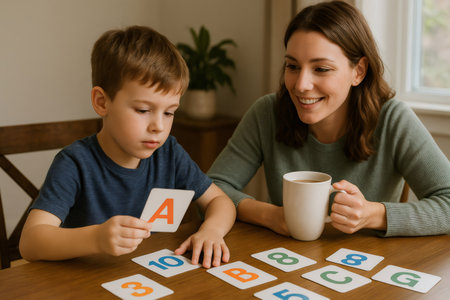 Mother and son engaging in a joyful learning session at home, using flashcards to explore letters and numbers togetherの素材