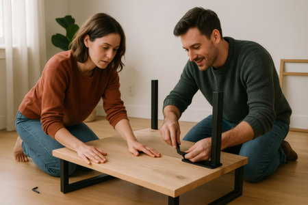 Couple working together to assemble a modern dining table, focusing on attaching legs to the wooden tabletop in a bright, minimalist roomの素材