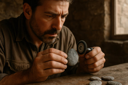 Craftsman working on a stone pendant with a rotary tool, polishing it with care and precision in his workshopの素材