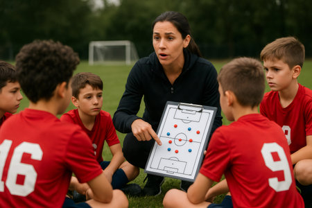 Youth soccer coach explaining game strategy to attentive players during halftime, using a clipboard with a tactical diagram on a grassy fieldの素材