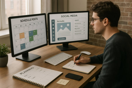 Social media manager is working at a desk, planning and scheduling posts on dual monitors, with a notebook and smartphone nearbyの素材