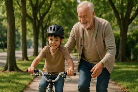 Joyful grandfather guides his grandson as he learns to ride a bicycle in a sunny park, highlighting family bonding and outdoor funの素材