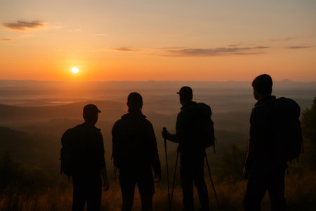 Four hikers are enjoying a breathtaking sunrise view from a mountaintop during their trekking adventureの素材