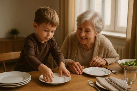 Elderly woman and young boy setting a wooden table with plates, fostering family bonding and teamwork in a cozy home settingの素材