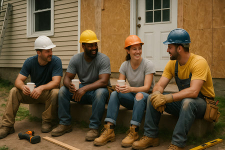 Four builders having a coffee break, sitting and chatting on the front steps of a house under renovationの素材