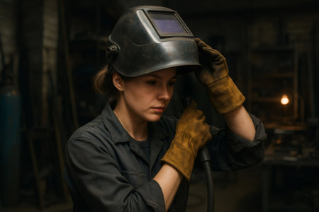 Young woman working as a welder, adjusting her protective mask while focused on her tasks in a bustling metal workshop environmentの素材