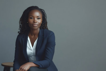 Studio portrait of a young black woman with braids wearing a suit, sitting on a stool with a gray backgroundの素材