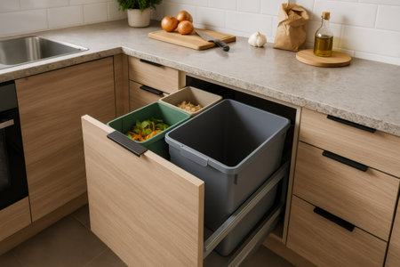 Modern kitchen with an organized waste sorting system featuring separate bins for recycling, compost, and trash, emphasizing eco friendly practicesの素材