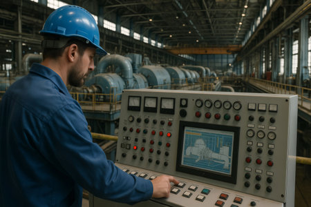 Technician in a turbine hall operating a control panel, overseeing machinery in an industrial power plant setting with advanced technologyの素材