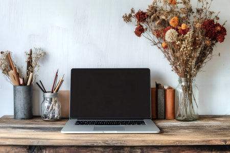 Rustic workspace with laptop showing blank screen and dried flowers in glass vase on wooden deskの素材