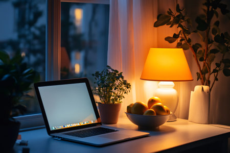 Open laptop glowing softly under a warm lamp, creating a cozy workspace atmosphere perfect for evening relaxation and productivityの素材