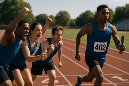 Relay team members celebrating enthusiastically as a teammate sprints on a track, showcasing teamwork and athletic successの素材