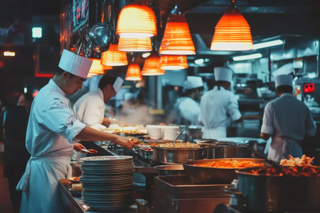 Professional chefs working in a fast paced restaurant kitchen, preparing various dishes under warm toned lampsの素材