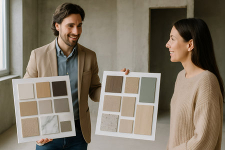 Interior designer engaging with a client, showcasing various material samples in a newly renovated apartment for an upcoming projectの素材