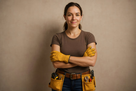 Portrait of a female construction worker or handyman smiling with arms crossed wearing a tool belt and glovesの素材