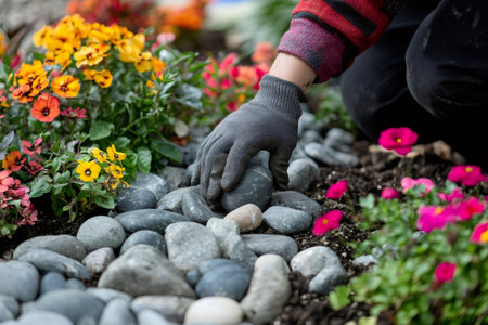 Close up of a gardener arranging stones around colorful flowers, creating a beautiful and organized garden bedの素材