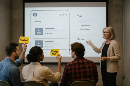 Designers giving feedback using sticky notes during a presentation by a senior developer about a software interfaceの素材