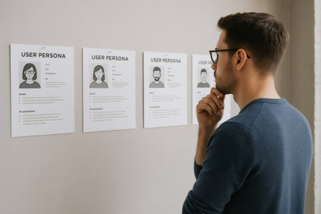 UX designer thoughtfully examining user persona profiles on a wall, focusing on creating effective user centered design solutionsの素材