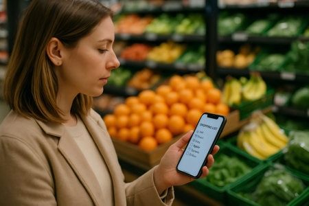 Customer checking a shopping list on a mobile phone while selecting fresh groceries in a busy supermarket aisleの素材