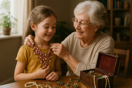 Elderly woman joyfully sharing a treasured necklace with a young girl, symbolizing family bonds and the passing of heirlooms across generationsの素材