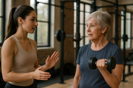 Fitness trainer provides guidance to a senior woman lifting a dumbbell in a gym setting, focusing on proper posture and techniqueの素材