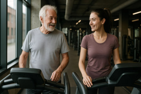 Older man and a young woman enjoy a lively conversation while exercising on treadmills in a modern gym, highlighting fitness across generationsの素材