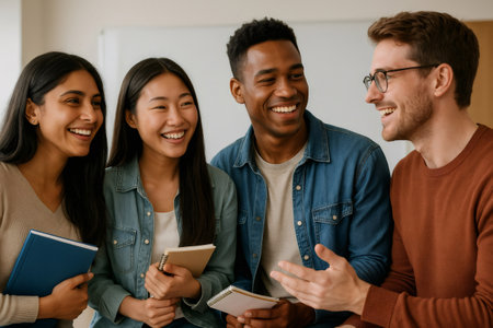 Four cheerful university students holding notebooks and laughing together during a break between classesの素材