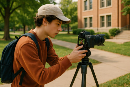 Young filmmaker adjusting camera settings while preparing to shoot a scene on a vibrant university campus, embracing the art of storytellingの素材