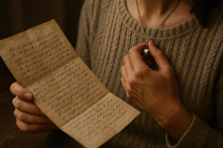Person holding a vintage letter while clutching a heart shaped necklace, evoking nostalgia and connection to the pastの素材