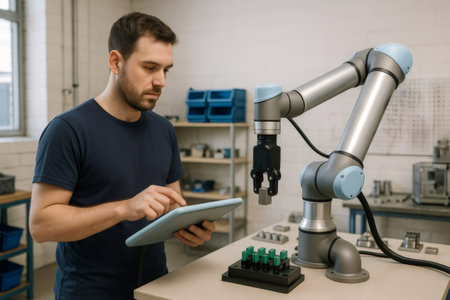 Engineer using digital tablet programming and controlling robotic arm in advanced manufacturing facility, showcasing automation and Industry 4.0の素材