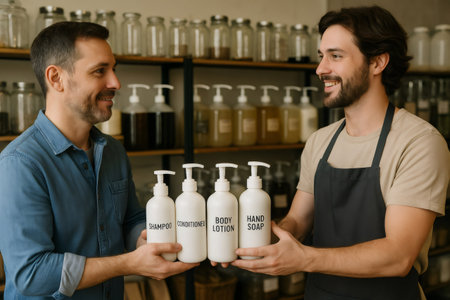 Two men exchanging reusable bottles at a refill station, emphasizing eco friendly practices and sustainable living with personal care productsの素材