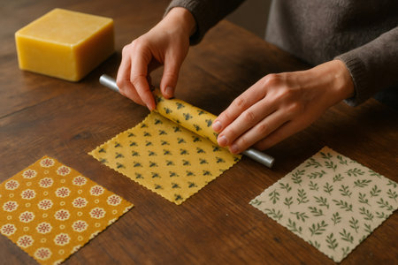 Hands rolling beeswax wraps on a wooden table, showcasing sustainable crafting with natural materials for eco friendly food storage solutionsの素材