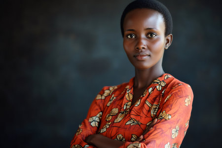 Studio portrait of a young Rwandan woman with crossed arms, wearing an orange patterned dress, exuding confidence and strength against a dark backdropの素材