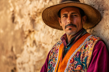 Portrait of a Moroccan water seller wearing traditional clothes and hat posing in front of a wall during golden hourの素材