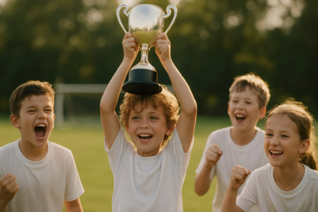 Group of joyful children cheering and raising a trophy in celebration on a sunny sports field, showcasing teamwork and successの素材