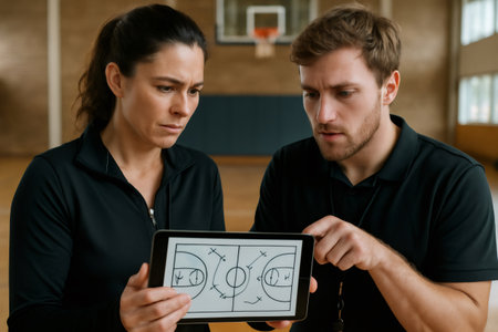 Two basketball coaches intensely discuss strategies using a digital tablet on an indoor court, focusing on improving team performanceの素材