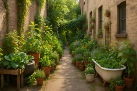 Vibrant plants and flowers line a narrow urban alleyway, featuring potted greenery and a repurposed bathtub, creating a serene eco friendly retreatの素材