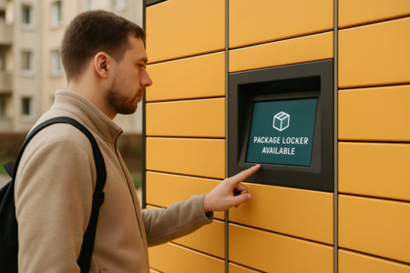 Man using a digital interface on a yellow package locker, highlighting modern technology in delivery services and convenient parcel pickupの素材