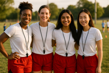 Group of four diverse women coaches standing confidently on a sports field, showcasing leadership and teamwork in an outdoor settingの素材