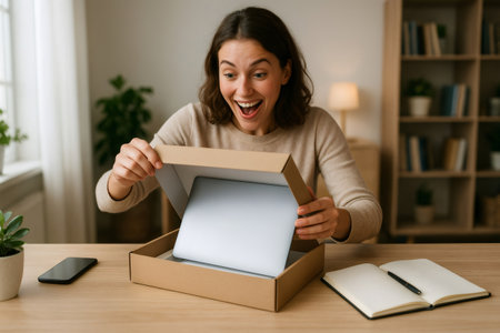 Happy woman unboxing a new laptop at home, radiating excitement and joy over her recent online shopping purchase and deliveryの素材
