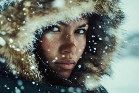 Portrait of a young native Alaskan Yupik woman with freckles wearing a fur hood during a snowfall, her intense gaze conveying resilience and connection to her Arctic homelandの素材