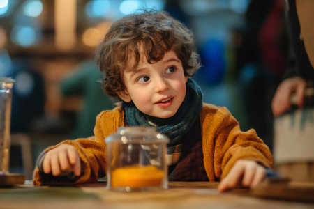 Curious child leans over a wooden table, exploring a mandarin orange placed inside a glass jar, his eyes full of wonderの素材