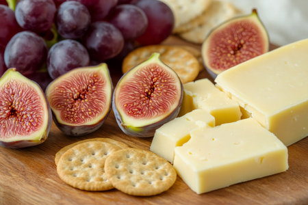 Gourmet cheese board presenting cheese, crackers, figs, and grapes, creating an enticing culinary arrangementの素材