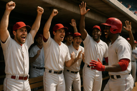 Euphoric baseball players cheering and raising their arms in the dugout, celebrating a thrilling victory after an intense gameの素材