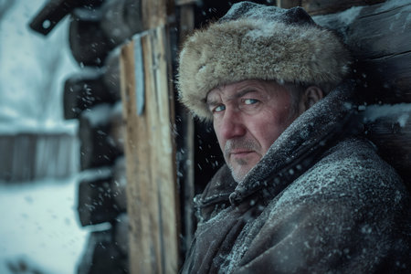 Portrait of a serious Russian farmer wearing traditional winter clothes and standing in the doorway of a wooden house during a snowfallの素材