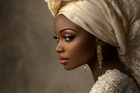 Studio portrait of a Yoruba bride wearing a traditional headwrap and elegant earrings, showing the beauty of Nigerian cultureの素材
