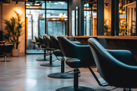 Interior of a stylish modern hair salon with minimalist design, featuring empty black chairs and warm lightingの素材