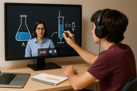 Students actively participate in an online chemistry class, interacting with a teacher on screen, enhancing learning with digital toolsの素材